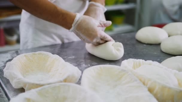 Il giovane chef impasta la pasta e mette in teglia a tavola — Video Stock