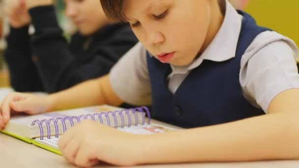 Kleine leerling in vest leest leerboek aan tafel met vrienden — Stockvideo