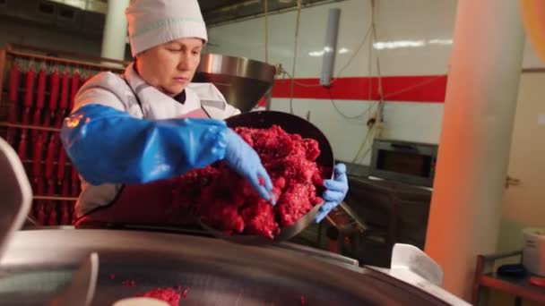 Donna matura versa carne macinata in grande vasca in officina — Video Stock