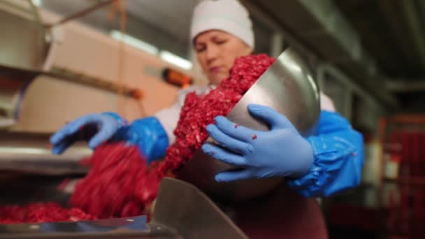 Donna in guanti di gomma versa carne macinata in serbatoio in negozio — Video Stock