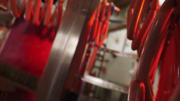 Arbeiter stellt Kleiderbügel mit frischen Würstchen in Werkstatt auf Regal — Stockvideo