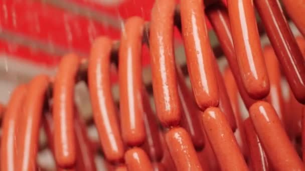 Lavaggio deliziosi mazzi di salsiccia appesi su rack con acqua — Video Stock