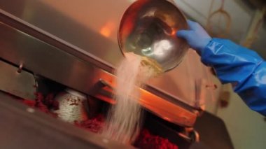 Eldiven işçisi atölyedeki makinede ete baharat ekliyor.