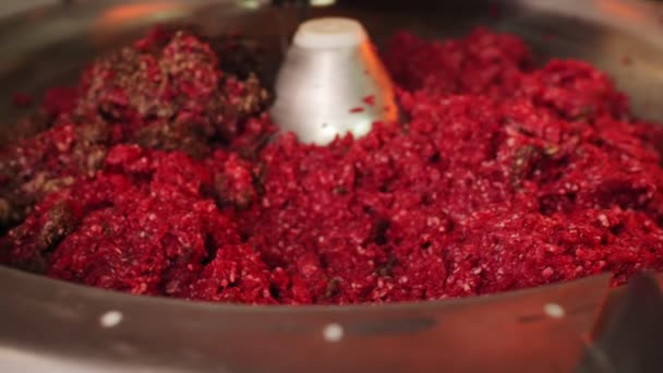Machine with minced meat in modern sausage making workshop — Stock Video