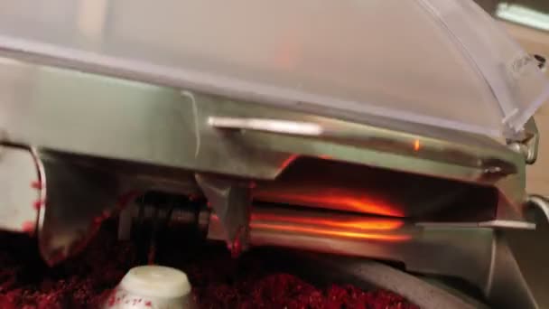 Fermeture du couvercle de la machine avec de la viande hachée dans l'atelier de production — Video