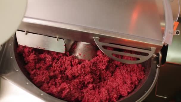 Makine, sosis üretim atölyesinde kıymalı et karıştırıyor. — Stok video