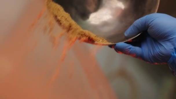 Zaměstnanec přidává koření k masu v dílně na výrobu uzenek — Stock video