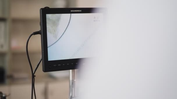 Monitor muestra textura de carne comprobada en laboratorio de control — Vídeos de Stock