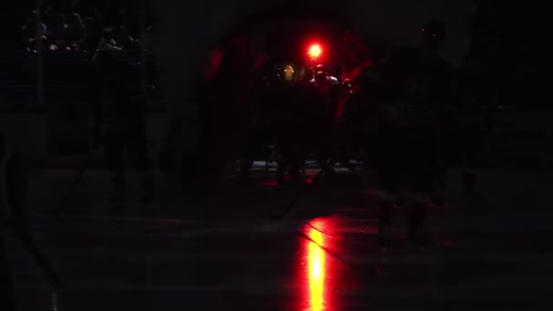 Хокейні гравці виходять на арену темного льоду в парі на шоу — стокове відео
