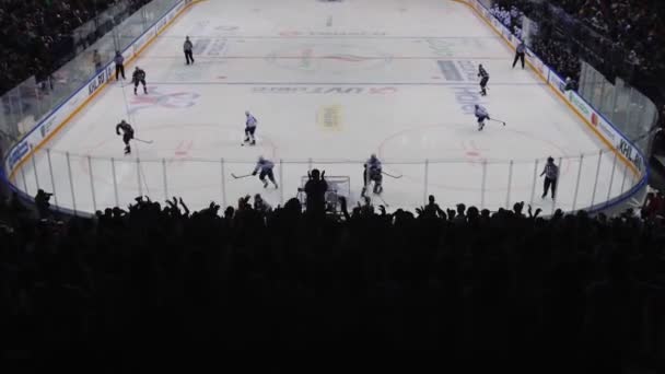 Jugadores de hockey luchan por la copa en la arena de hielo entre los aficionados alegres — Vídeos de Stock