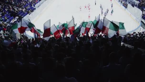 Bandeiras de marca de equipe de onda de espectadores em stands de estádio — Vídeo de Stock