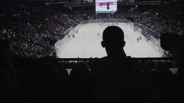 Silhouetten von Eishockey-Fans mit Fahnen, die das Spiel auf der Eisbahn verfolgen — Stockvideo