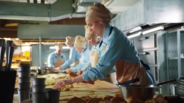 Женщина катит свежее тесто, чтобы испечь пироги в пекарне — стоковое видео