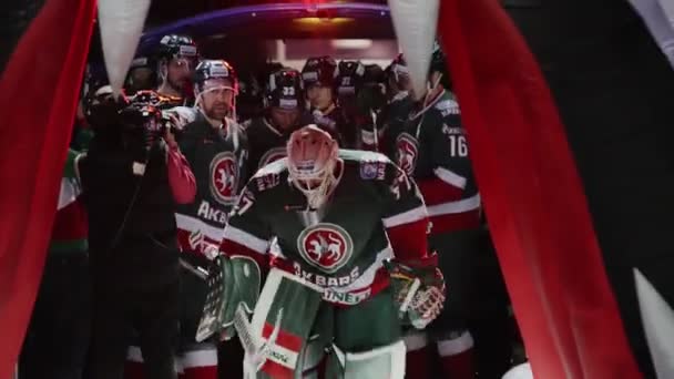 Хокейна команда у зеленому вигляді проходить через ворота у вигляді роту тварин. — стокове відео