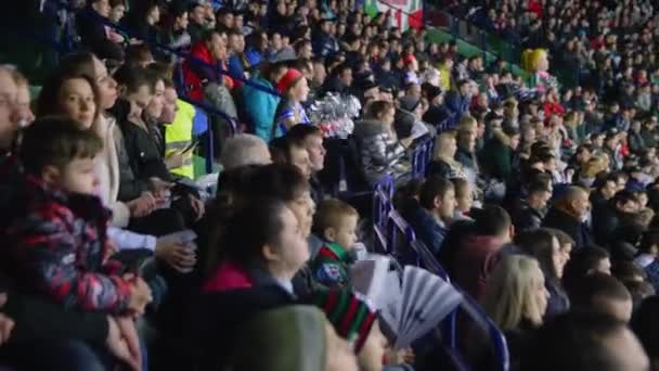 Fans watch hockey match and cheerleaders support team — Stock Video