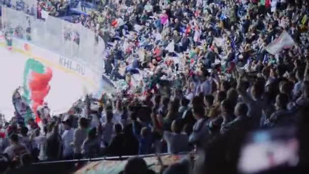 Fans saltar agitando bufandas de apoyo equipo de hockey favorito — Vídeos de Stock