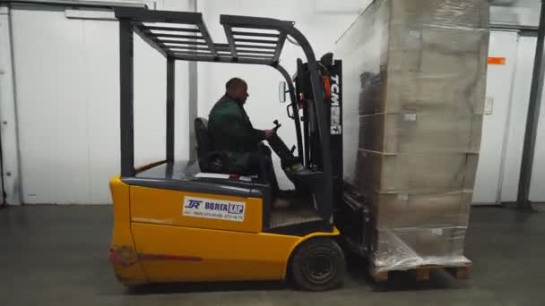Forklift loader carries cardboard boxes along warehouse — Stock Video