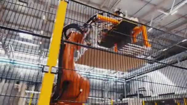 Machine met manipulator zet multiplex op pallet bij installatie — Stockvideo