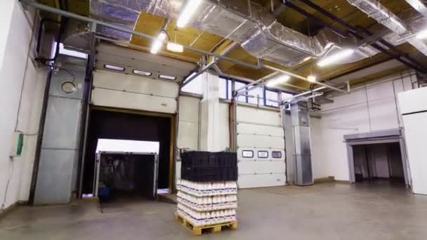 Pracownicy ładują różne produkty do ciężarówek w magazynie — Wideo stockowe