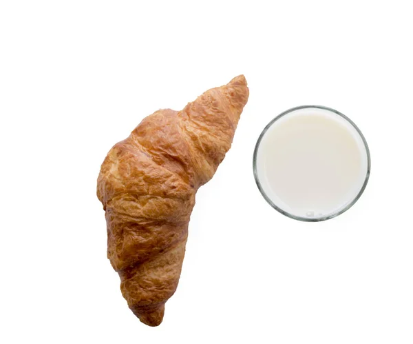 Leite e croissant. Close-up de um copo de leite — Fotografia de Stock