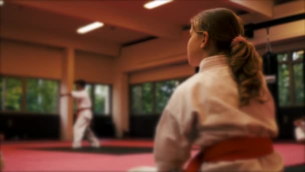 Desenfocado desenfoque, personas, entrenamiento de karate - kata — Vídeo de stock
