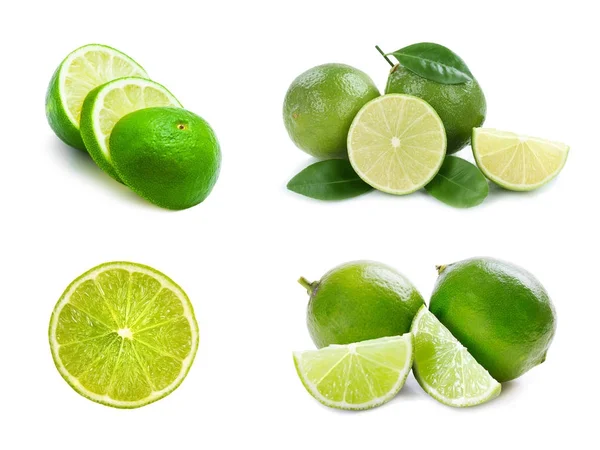 Limes met plakjes geïsoleerd op witte achtergrond — Stockfoto