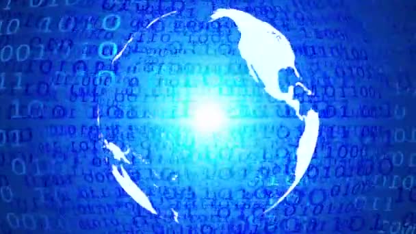 Вращающаяся планета Земля и карта мира глобальный бизнес фон, синие цифровые двоичные данные — стоковое видео