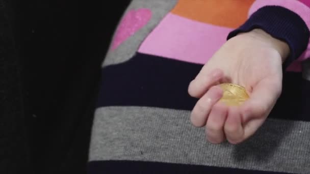 Närbild Flicka Räknas Golden Bitcoin — Stockvideo