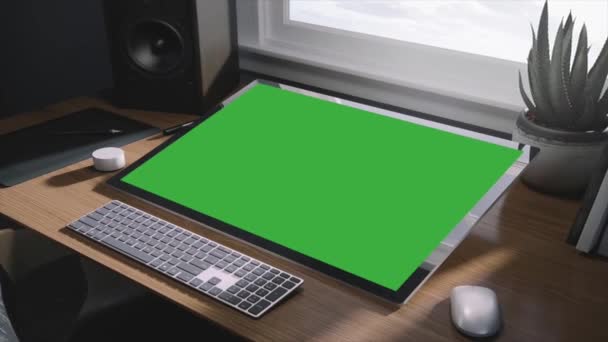 绿色屏幕计算机 办公室里的电脑和键盘 用于图像替换的绿色屏幕画面 — 图库视频影像