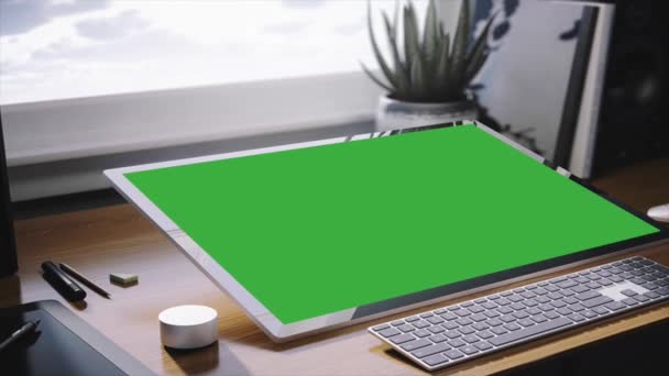 Computer Schermo Verde Computer Tastiera Ufficio Filmati Schermo Verde Sostituzione — Video Stock