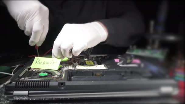 Hands Man White Gloves Repair Laptop Using Screwdriver — Stock Video