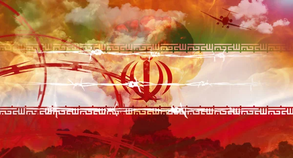 Prikkeldraad, vliegtuigsilhouet en atoombom-explosie op de achtergrond van de Iraanse vlag — Stockfoto