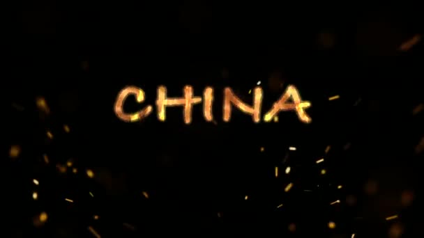 China Burning Text Symbol Hot Fire Black Background — 비디오