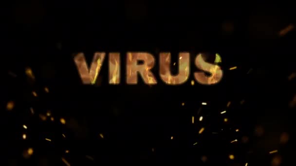 Virus Burning Symbol Tekstu Gorącym Ogniu Czarnym Tle — Wideo stockowe