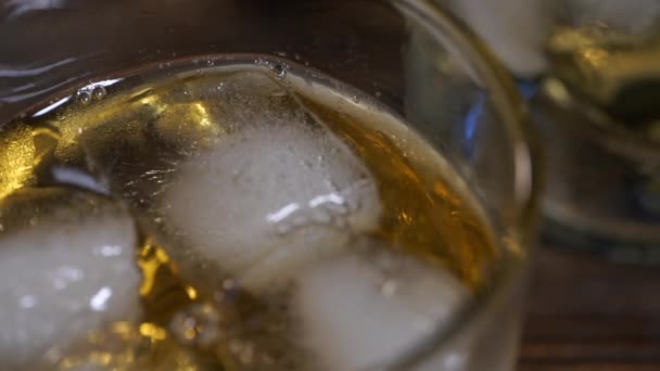 Ice Cubes Melts Glass Malt Whiskey — Stock Video