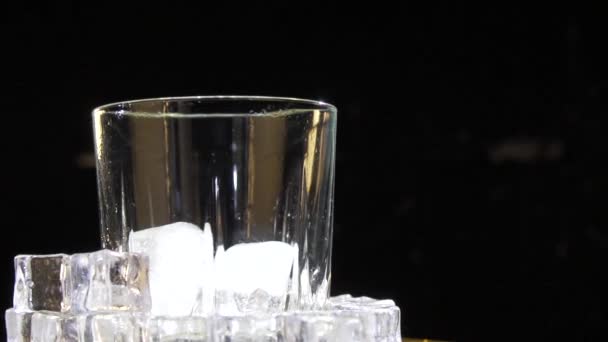 Наливание Золотого Виски Коньяка Бокалы Льдом — стоковое видео