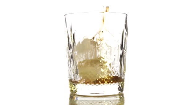 Golden Whiskey Pouring Glass Pouring Scotch Whiskey Cognac Glasses Ice — Stock Video