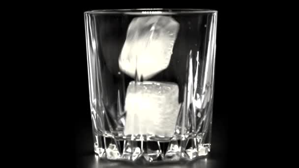 氷のキューブは黒い背景のガラスに落ちる スローモーション カクテルコンセプト — ストック動画