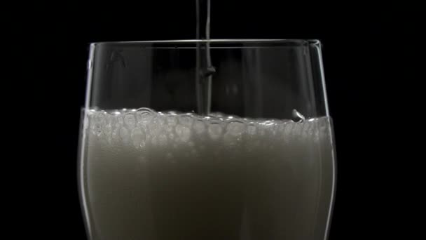 酒杯的啤酒特写与泡沫在慢动作 啤酒倒入装有白色泡沫的杯子中 — 图库视频影像