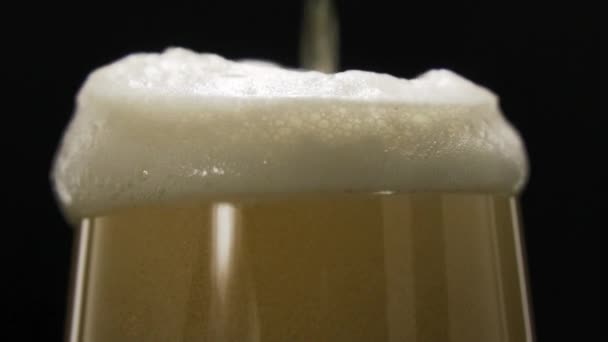 Glass Beer Close Froth Slow Motion Beer Poured Glass White — Stock Video