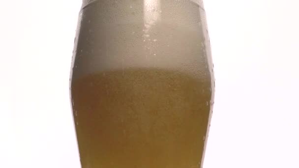 Feine Blasen Steigen Glas Mit Bier Auf Weißem Hintergrund Auf — Stockvideo