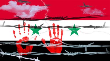 İllüzyon. Suriyeli mültecilerin elleri, Suriye bayrağı ve dikenli tellerin arkasında. Suriye 'de silahlı çatışma ve çatışma için resim. Haber, makale, blog, baskı için