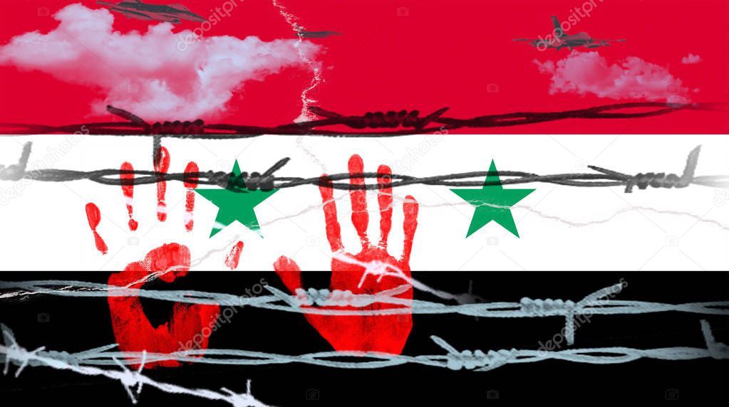 Illustration. Hands ofSyrian refugee  against the background of the flag of Syria and barbed wire. Illustration for armed, military conflict and confrontation in Syria.  For news, article, blog, print
