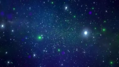 Yıldızlı arka plan. Yıldızlar izleyicinin yanından uzayda bulutların ve gazın olduğu bir zemine doğru uçar.