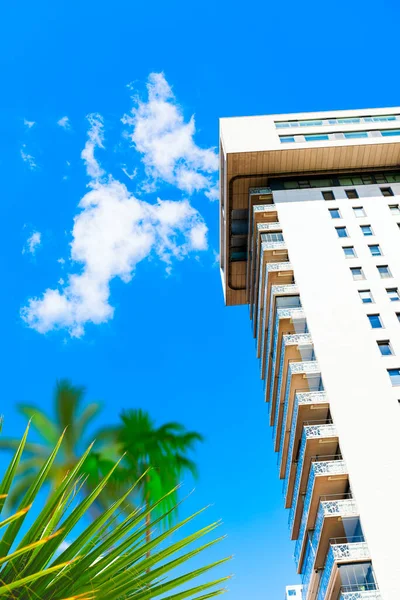 Luksusowy Hotel Zamazaną Palmą Słynnym Miejscem Europie Cudowne Błękitne Niebo — Zdjęcie stockowe