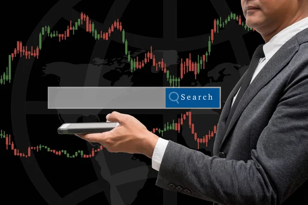 Trading zakenman houden slimme phone.and Forex Trading lijn Grap — Stockfoto