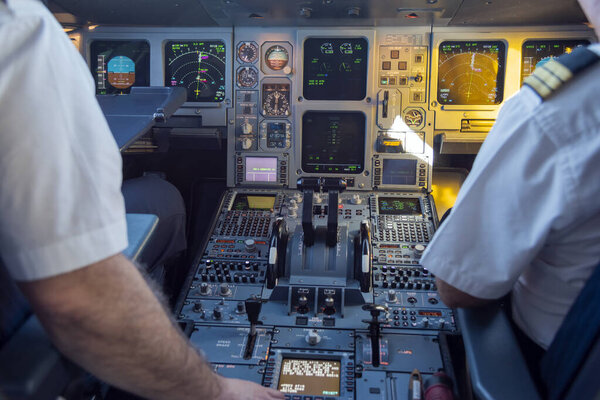 Cockpit of a passenger plane. View from the cockpit during the flight of a passenger aircraft.