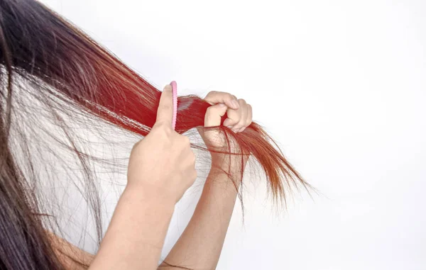 Combing Brush Pulls Long Hair Daily Preparation Looking Nice Long — Stock Photo, Image