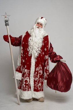 Noel Baba ve kar kızı beyaz gri arka planda izole edilmiş.