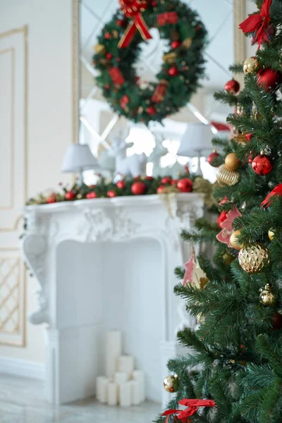 Christmas mood, Christmas tree, merry holidays. Christmas gift box, Blurred background, bokeh.